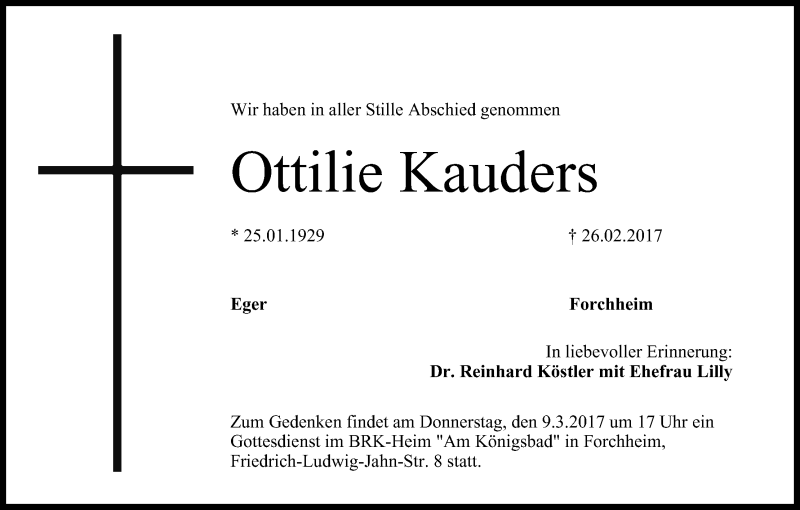  Traueranzeige für Ottilie Kauders vom 04.03.2017 aus MGO