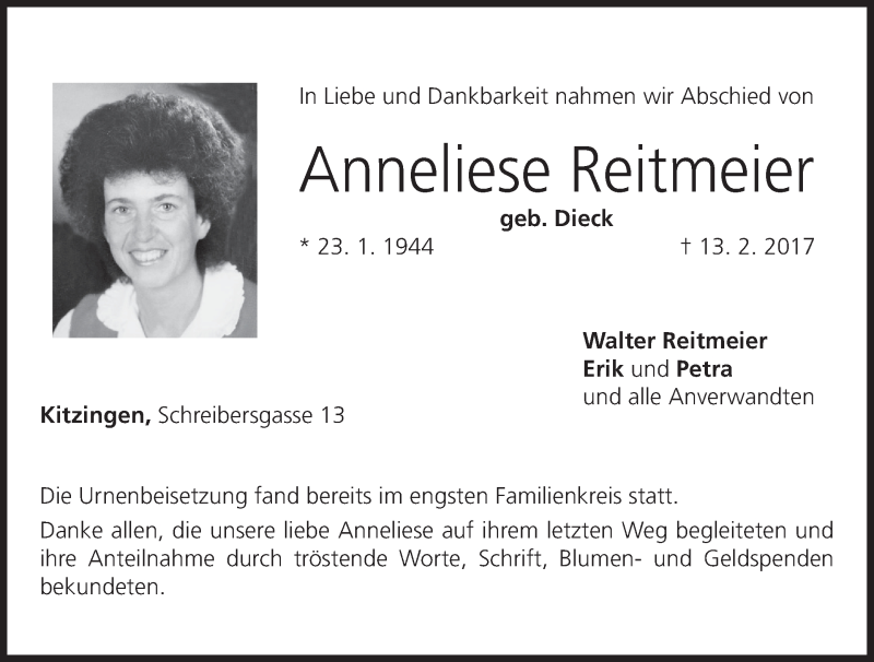  Traueranzeige für Anneliese Reitmeier vom 04.03.2017 aus MGO