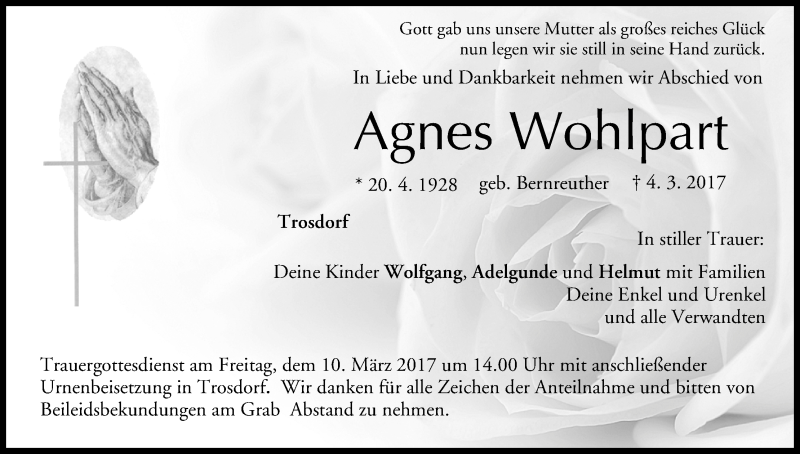  Traueranzeige für Agnes Wohlpart vom 08.03.2017 aus MGO