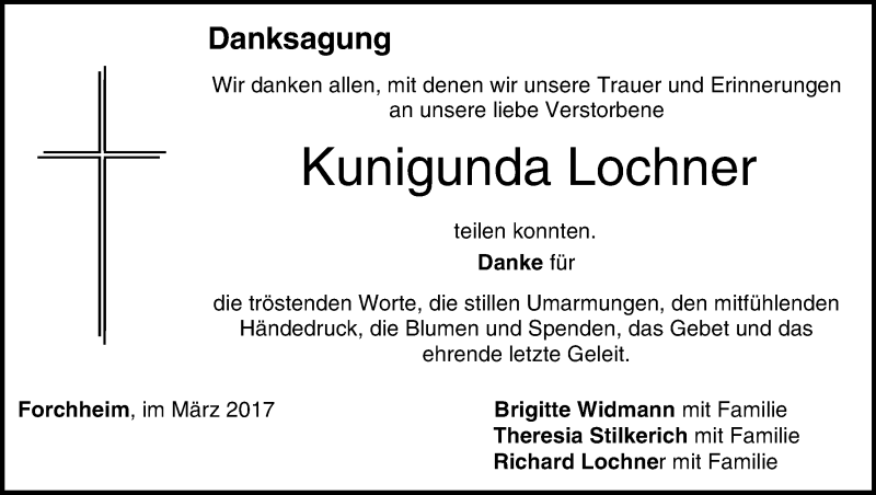  Traueranzeige für Kunigunda Lochner vom 18.03.2017 aus MGO