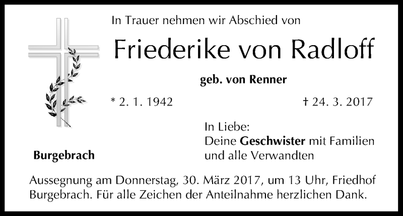  Traueranzeige für Friederike von Radloff vom 28.03.2017 aus MGO