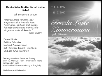 Anzeige von Frieda Luise Zimmermann von MGO