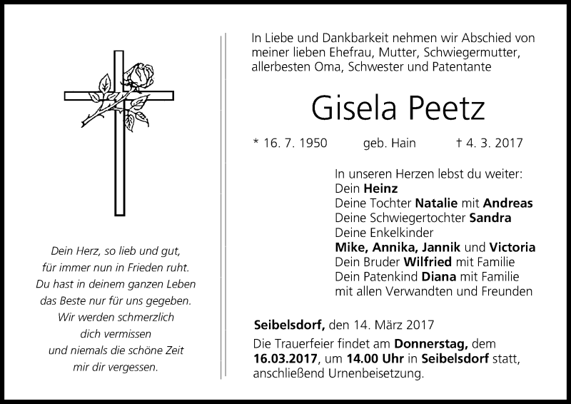  Traueranzeige für Gisela Peetz vom 14.03.2017 aus MGO
