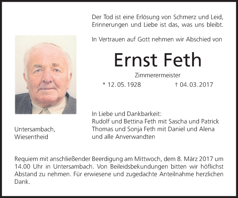  Traueranzeige für Ernst Feth vom 07.03.2017 aus MGO