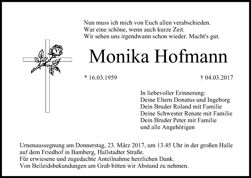  Traueranzeige für Monika Hofmann vom 20.03.2017 aus MGO