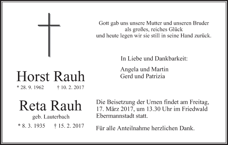  Traueranzeige für Horst Rauh vom 09.03.2017 aus MGO