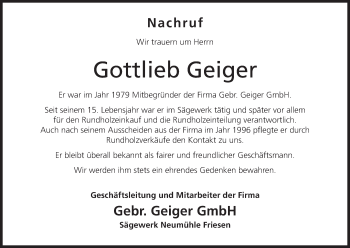 Anzeige von Gottlieb Geiger von MGO