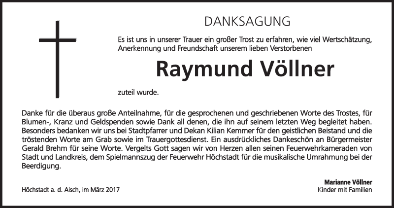  Traueranzeige für Raymund Völlner vom 15.03.2017 aus MGO