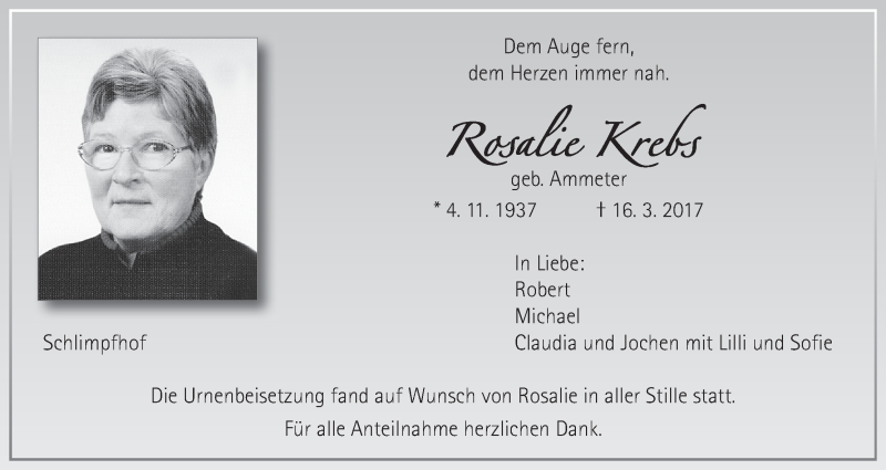  Traueranzeige für Rosalie Krebs vom 28.03.2017 aus MGO