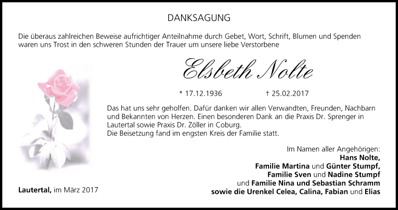  Traueranzeige für Elsbeth Nolte vom 11.03.2017 aus MGO