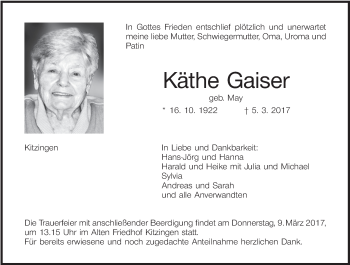 Anzeige von Käthe Gaiser von MGO
