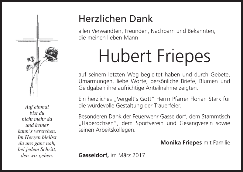  Traueranzeige für Hubert Friepes vom 18.03.2017 aus MGO