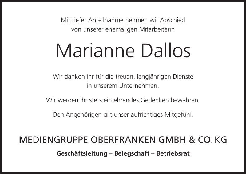  Traueranzeige für Marianne Dallos vom 04.03.2017 aus MGO