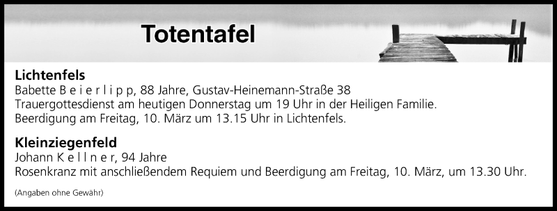  Traueranzeige für Totentafel vom 09.03.2017 vom 09.03.2017 aus MGO