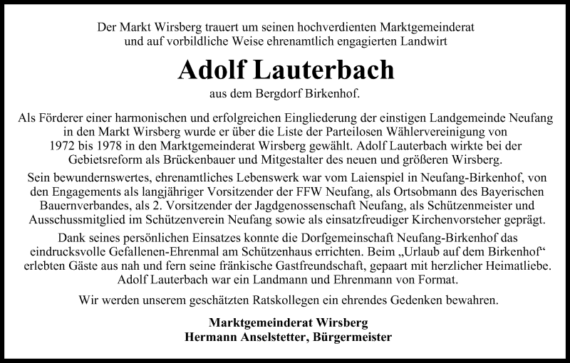  Traueranzeige für Adolf Lauterbach vom 18.03.2017 aus MGO