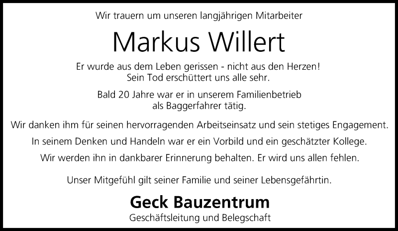  Traueranzeige für Markus Willert vom 04.03.2017 aus MGO