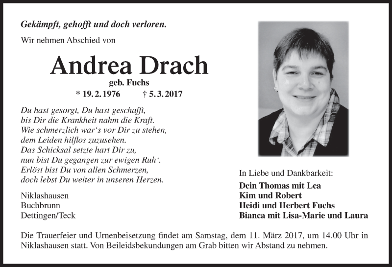  Traueranzeige für Andrea Drach vom 10.03.2017 aus MGO