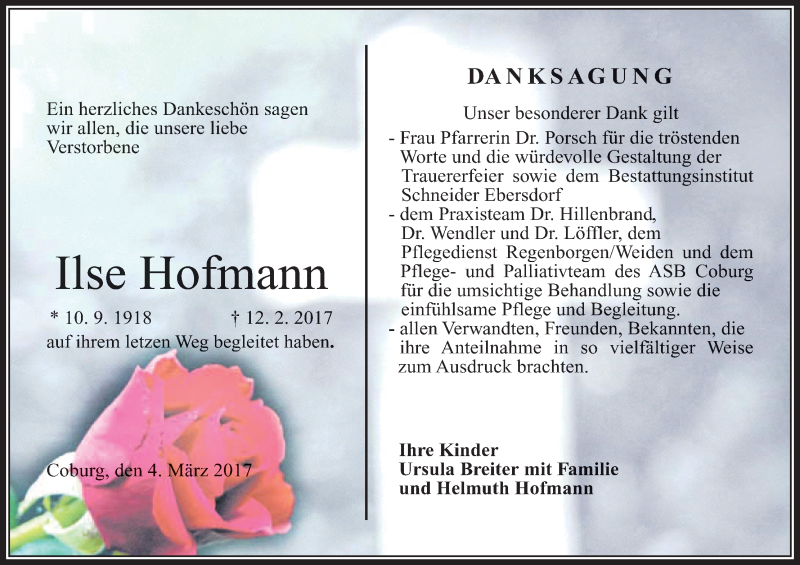  Traueranzeige für Ilse Hofmann vom 04.03.2017 aus MGO