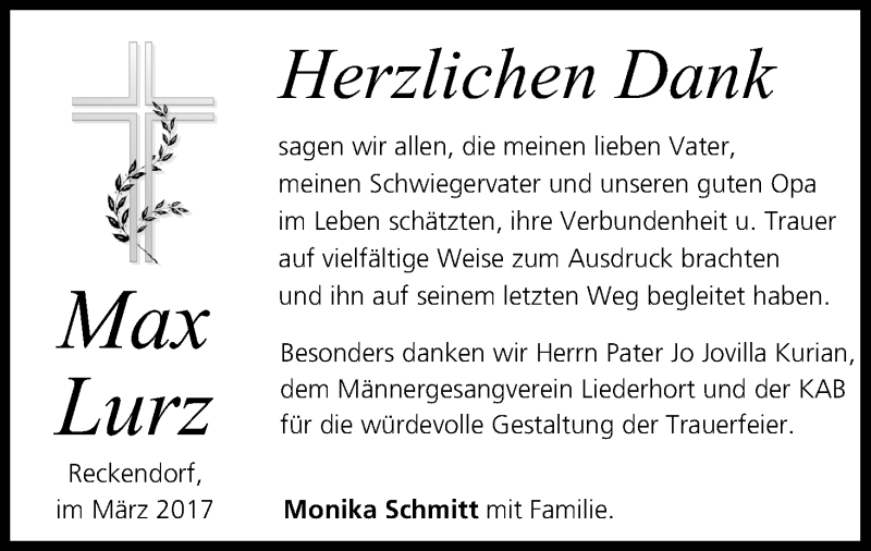  Traueranzeige für Max Lurz vom 11.03.2017 aus MGO