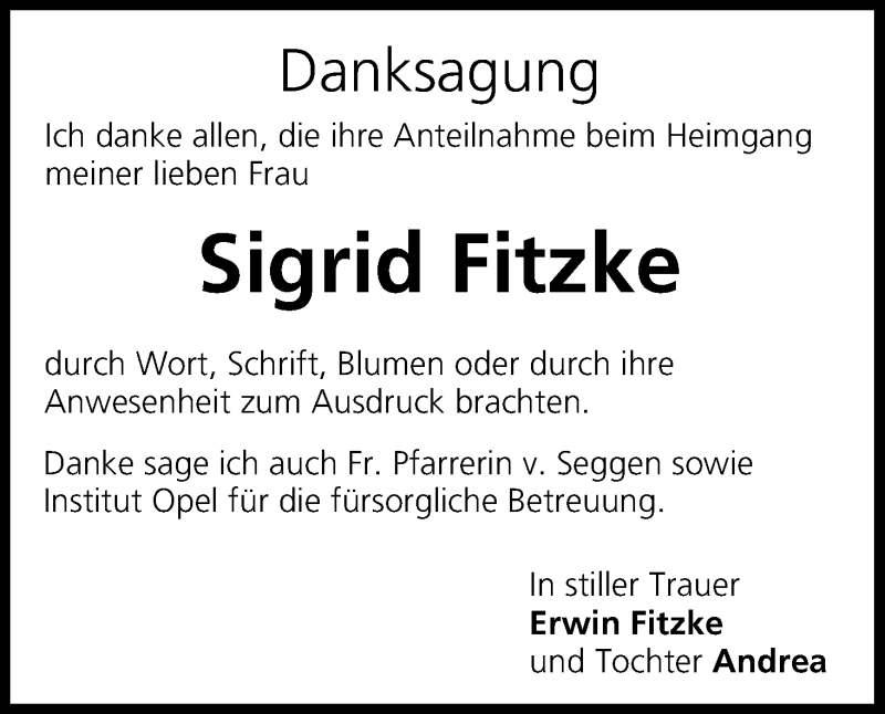  Traueranzeige für Sigrid Fitzke vom 04.03.2017 aus MGO