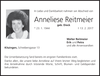 Anzeige von Anneliese Reitmeier von MGO
