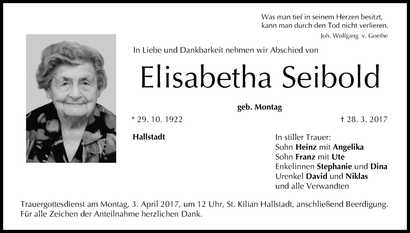  Traueranzeige für Elisabetha Seibold vom 30.03.2017 aus MGO