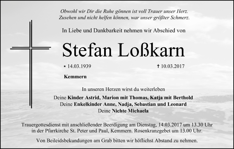  Traueranzeige für Stefan Loßkarn vom 11.03.2017 aus MGO