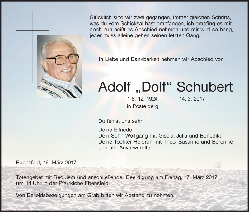  Traueranzeige für Adolf Schubert vom 16.03.2017 aus MGO
