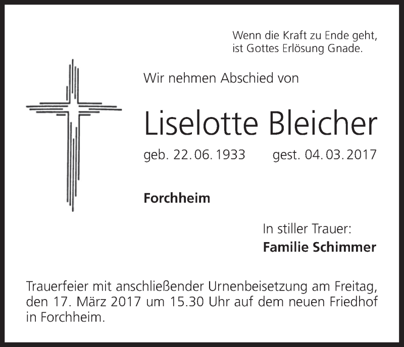  Traueranzeige für Liselotte Bleicher vom 13.03.2017 aus MGO