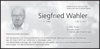 Anzeige von Siegfried Wahler von MGO