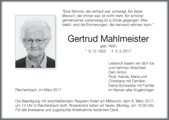 Anzeige von Gertrud Mahlmeister von MGO