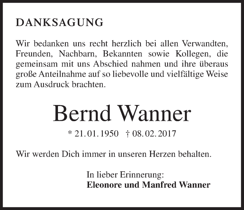  Traueranzeige für Bernd Wanner vom 04.03.2017 aus MGO
