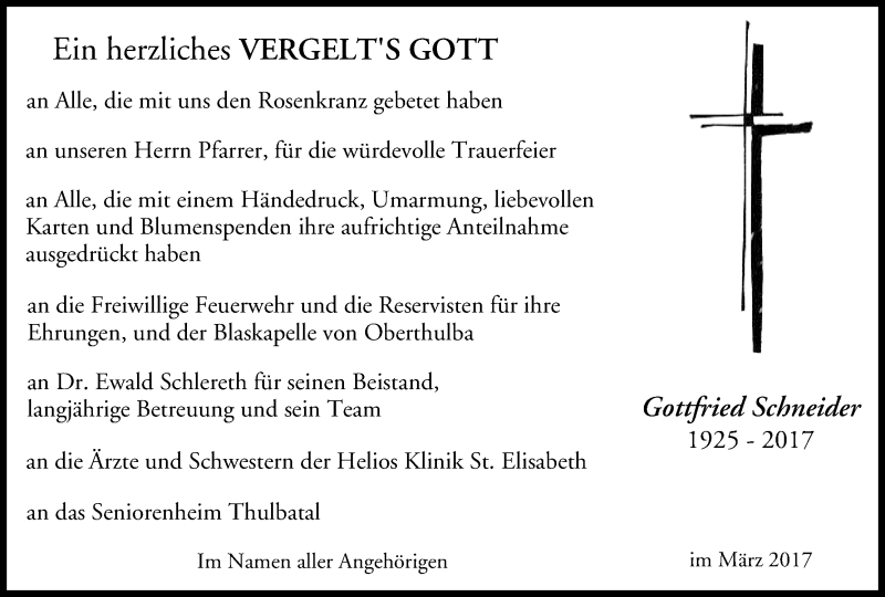  Traueranzeige für Gottfried Schneider vom 18.03.2017 aus MGO