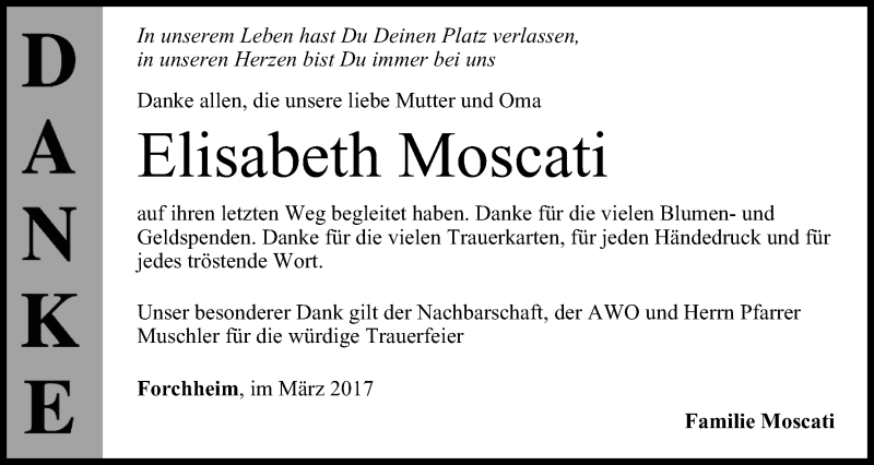  Traueranzeige für Elisabeth Moscati vom 18.03.2017 aus MGO