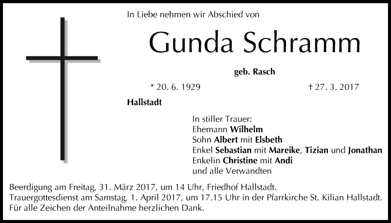  Traueranzeige für Gunda Schramm vom 29.03.2017 aus MGO