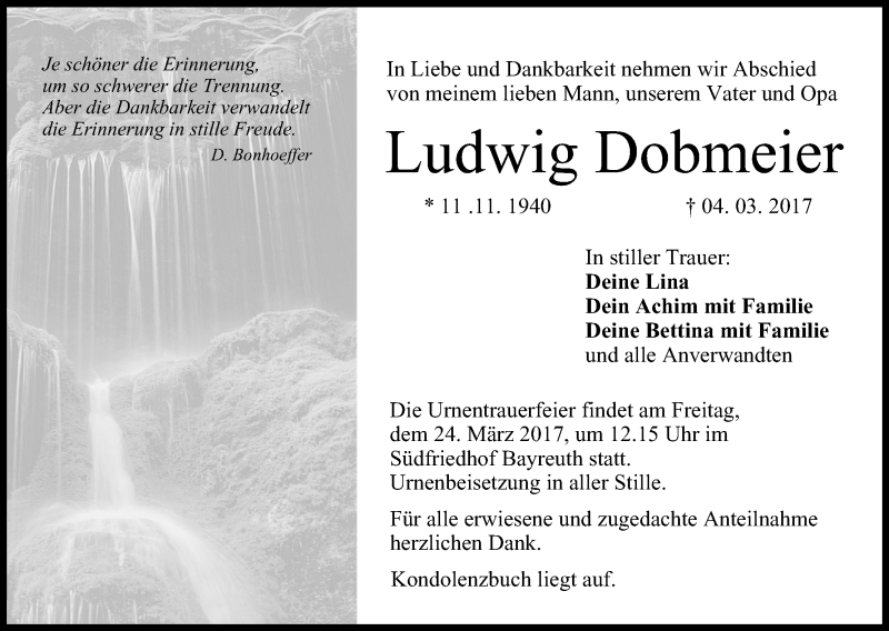  Traueranzeige für Ludwig Dobmeier vom 22.03.2017 aus MGO
