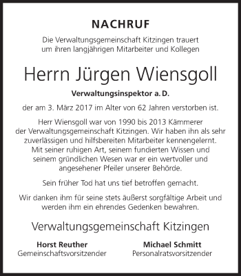Anzeige von Jürgen Wiensgoll von MGO
