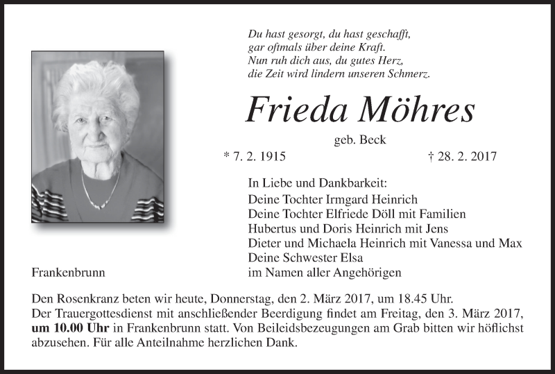  Traueranzeige für Frieda Möhres vom 02.03.2017 aus MGO