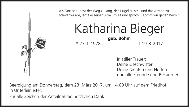  Traueranzeige für Katharina Bieger vom 21.03.2017 aus MGO
