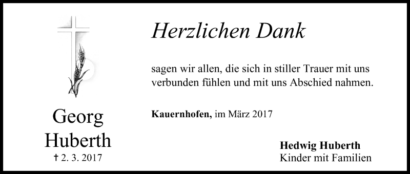  Traueranzeige für Georg Huberth vom 18.03.2017 aus MGO