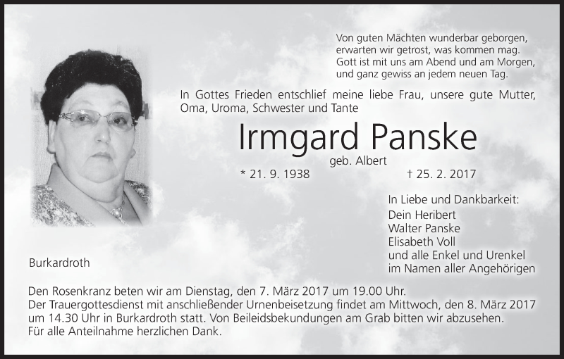  Traueranzeige für Irmgard Panske vom 03.03.2017 aus MGO