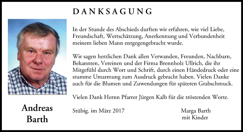  Traueranzeige für Andreas Barth vom 04.03.2017 aus MGO