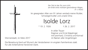 Anzeige von Isolde Lorz von MGO