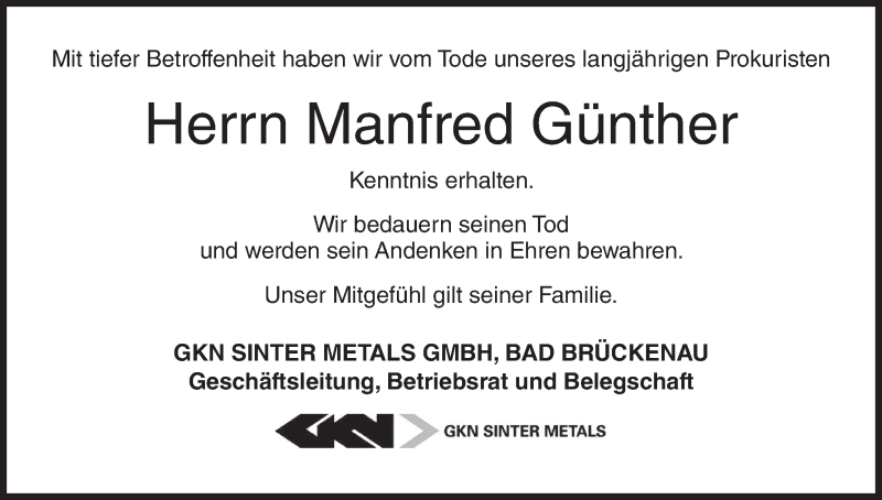  Traueranzeige für Manfred Günther vom 10.03.2017 aus MGO