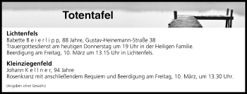 Anzeige von Totentafel vom 09.03.2017 von MGO