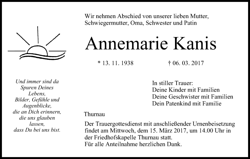  Traueranzeige für Annemarie Kanis vom 13.03.2017 aus MGO