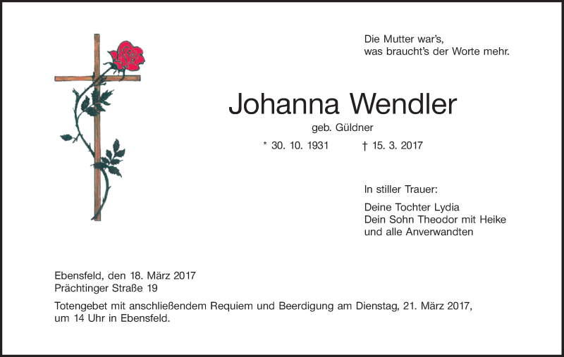  Traueranzeige für Johanna Wendler vom 18.03.2017 aus MGO