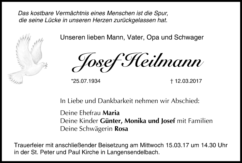  Traueranzeige für Josef Heilmann vom 14.03.2017 aus MGO
