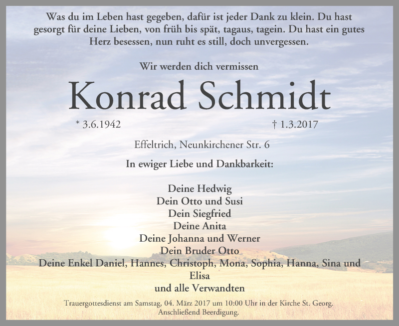  Traueranzeige für Konrad Schmidt vom 03.03.2017 aus MGO