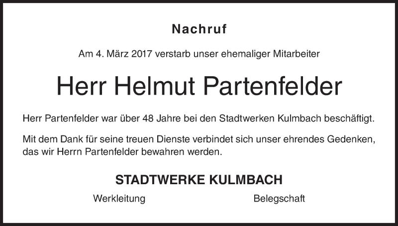  Traueranzeige für Helmut Partenfelder vom 24.03.2017 aus MGO